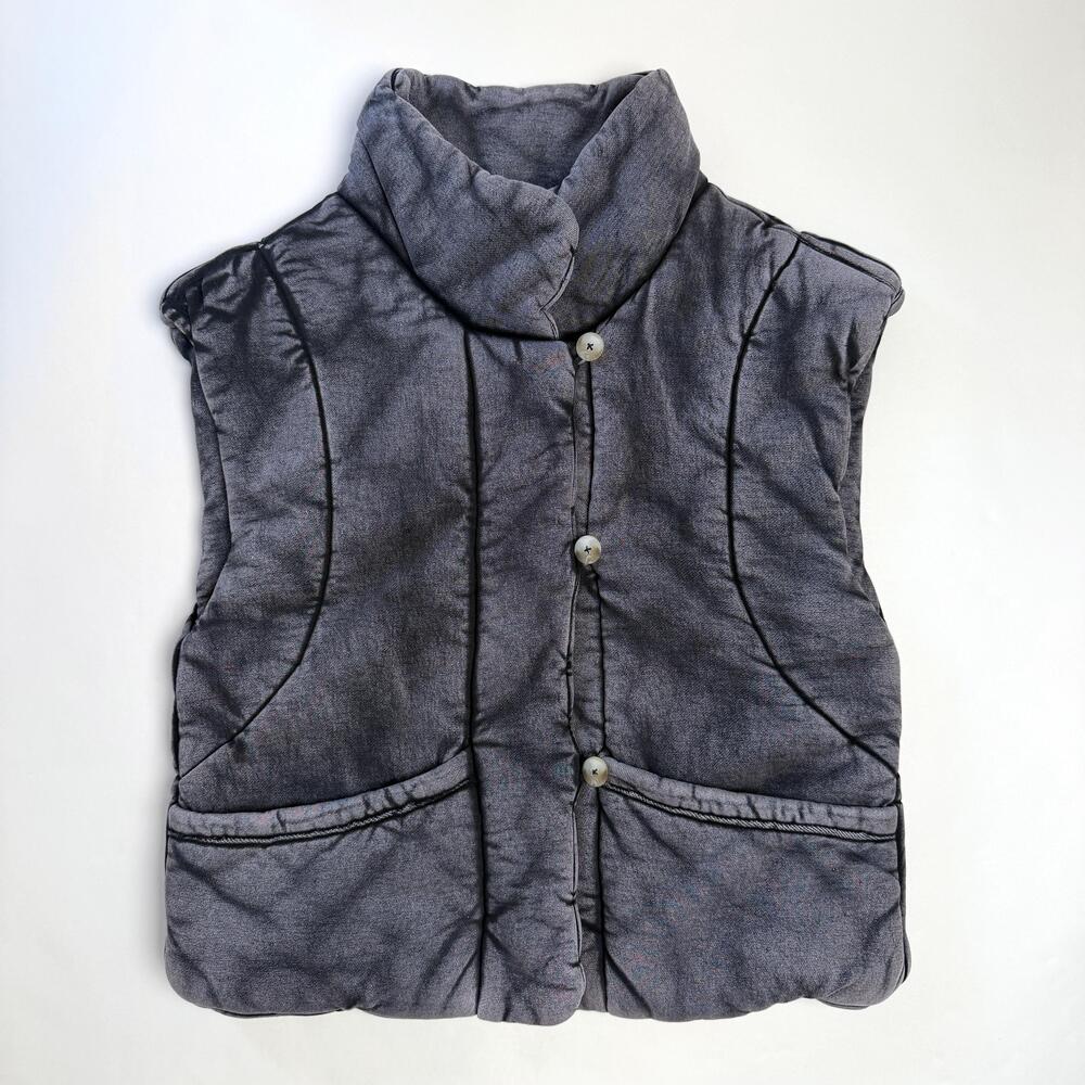 Free People Vest Womens Medium Gray Quilted Padded Button Collared Short Cotton